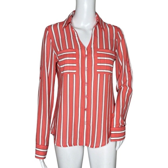 Express Shirt Womens XS Orange White Stripe Portofino Office Casual Versatile - Picture 1 of 8